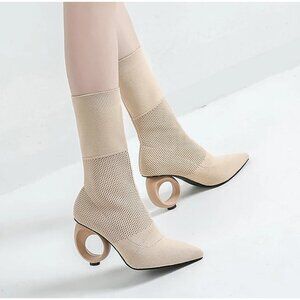 Autumn Winter EuropesnDesign Women Mid-calf Boots Knitted Stretch Fabric Sew